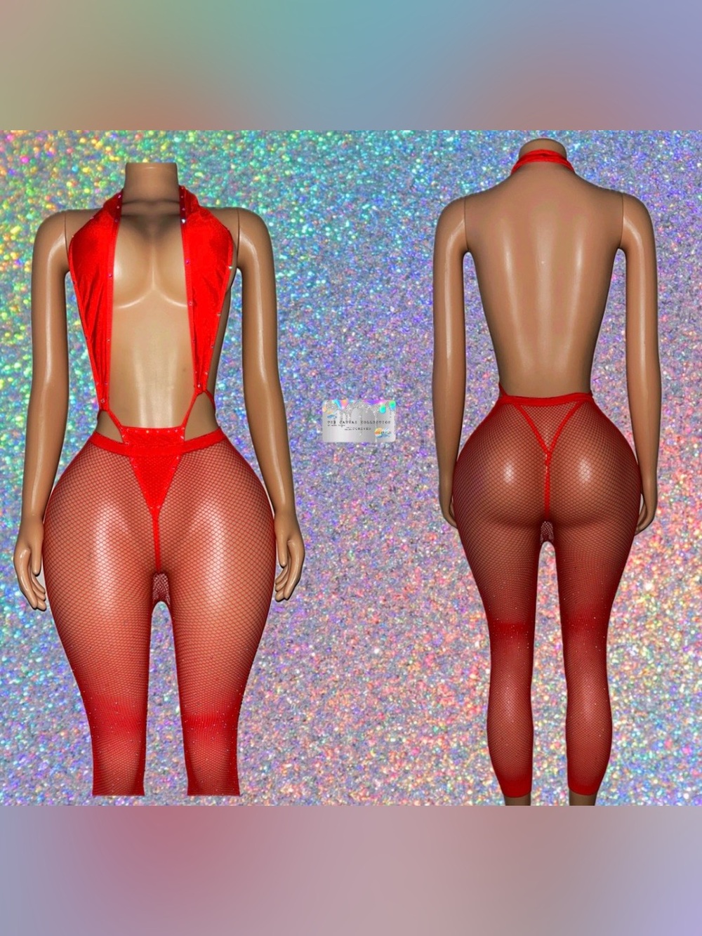 Exotic Dancewear: Red Bodysuit & Fishnet & shorts set with rhinestones